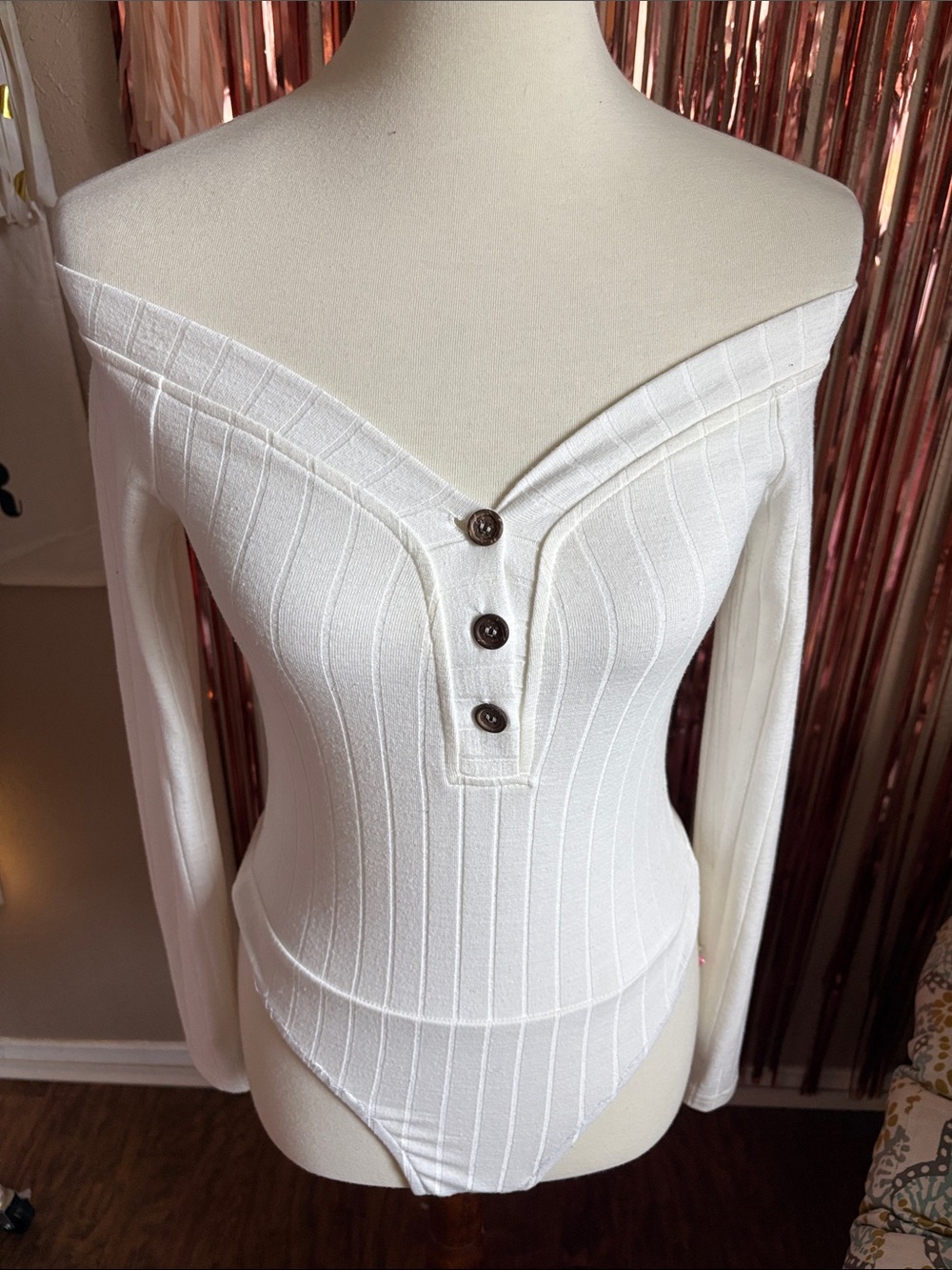 Off-Shoulder Long Sleeve Ribbed Thong Bodysuit in White
